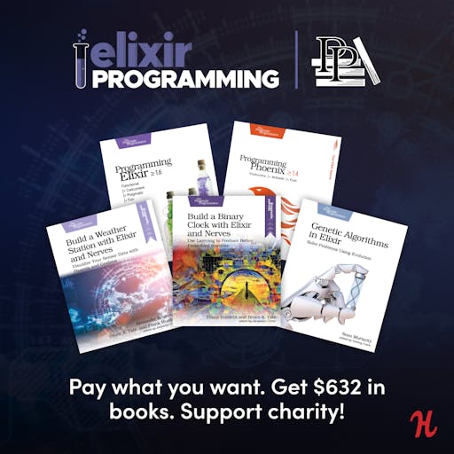 lawik's tweet card. We’ve teamed up with Pragmatic Programmers for our newest bundle. Get books like Build a Binary Clock with Elixir and Nerves. Plus, pay what you want & support charity!