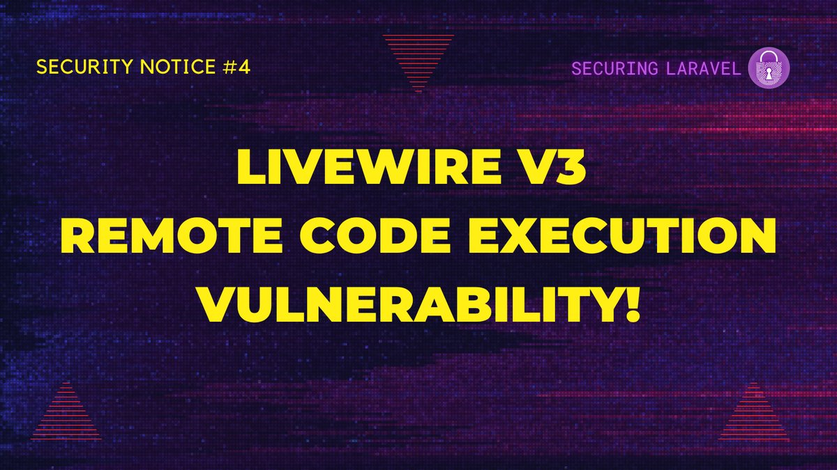 valorin's tweet card. [Notice #4] Livewire v3 is vulnerable to an RCE (Remote Command Execution) during component property update hydration in specific scenarios. ⚠️ Update your Livewire ASAP! ⚠️