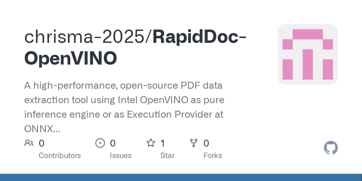 Alex_PPOV's tweet card. A high-performance, open-source PDF data extraction tool using Intel OpenVINO as pure inference engine or as Execution Provider at ONNX Runtime backend. 一站式开源高性能数据提取工具，将复杂 PDF 文档转换为 Markdown 和 JS...