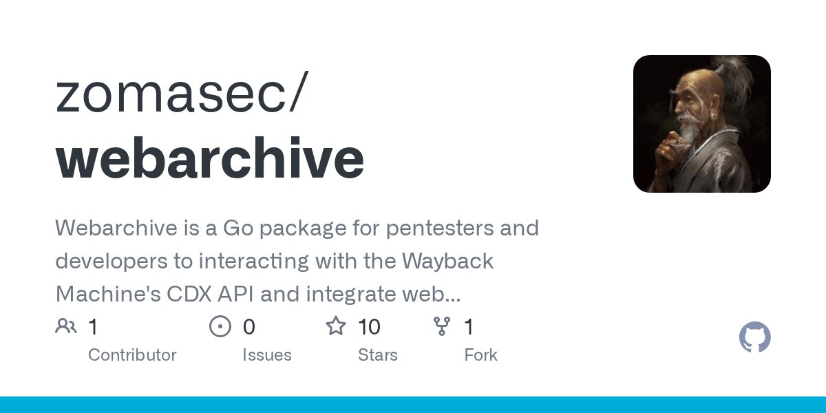 zomasec's tweet card. Webarchive is a Go package for pentesters and developers to interacting with the Wayback Machine's CDX API and integrate web archive utilities into your Golang projects. - zomasec/webarchive