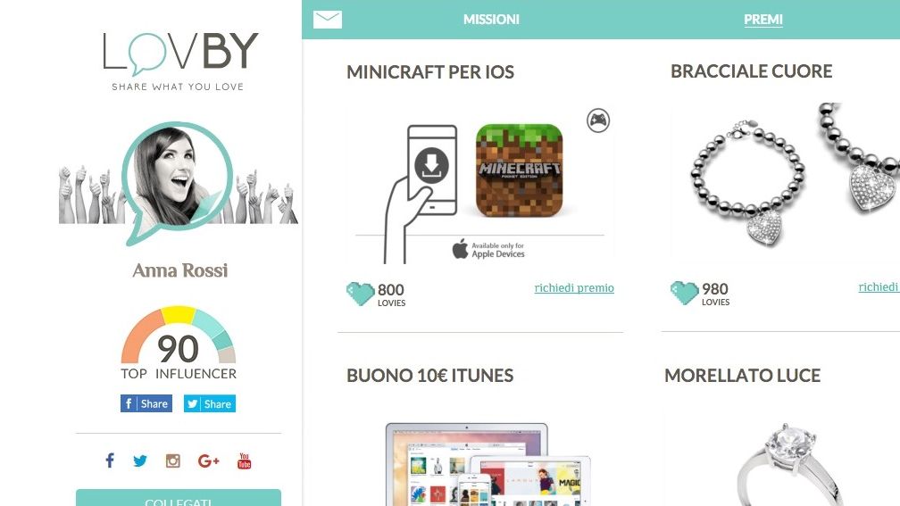 lovby_social's tweet card. Basta scaricarla, eseguire una missione e riscuotere punti virtuali da convertire sulla piattaforma