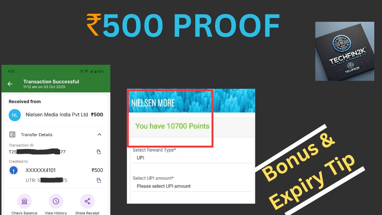 techfin2k's tweet card. Nielsen App Withdrawal Tutorial ₹500 UPI Proof & Bonus Tips