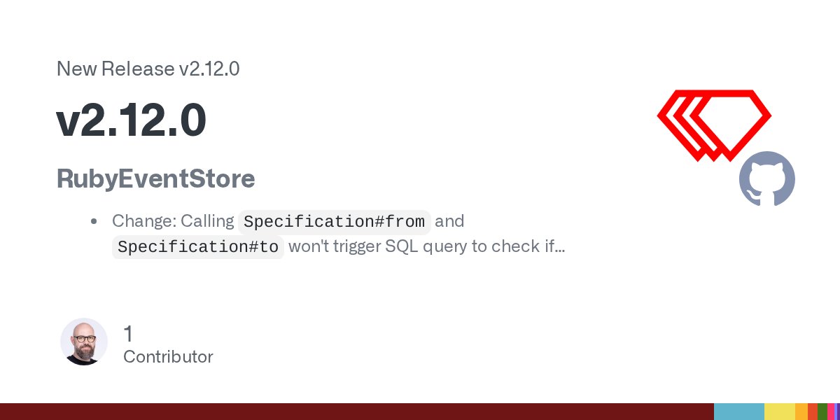 RailsEventStore's tweet card. RubyEventStore Change: Calling Specification#from and Specification#to won't trigger SQL query to check if given event id exists [067e9b7] Fix: Raise RubyEventStore::EventNotFound instead o...