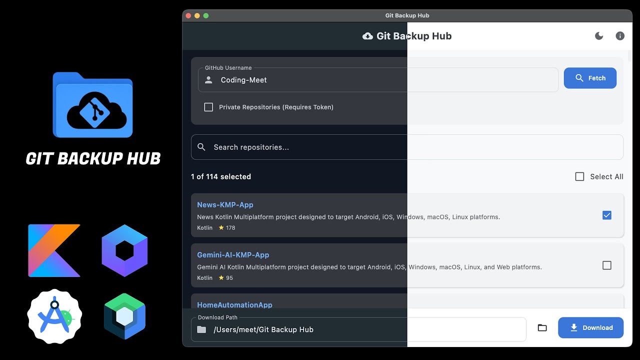 CodingMeet's tweet card. Git Backup Hub v1.0.0 Released - Cross-platform desktop app Compose...