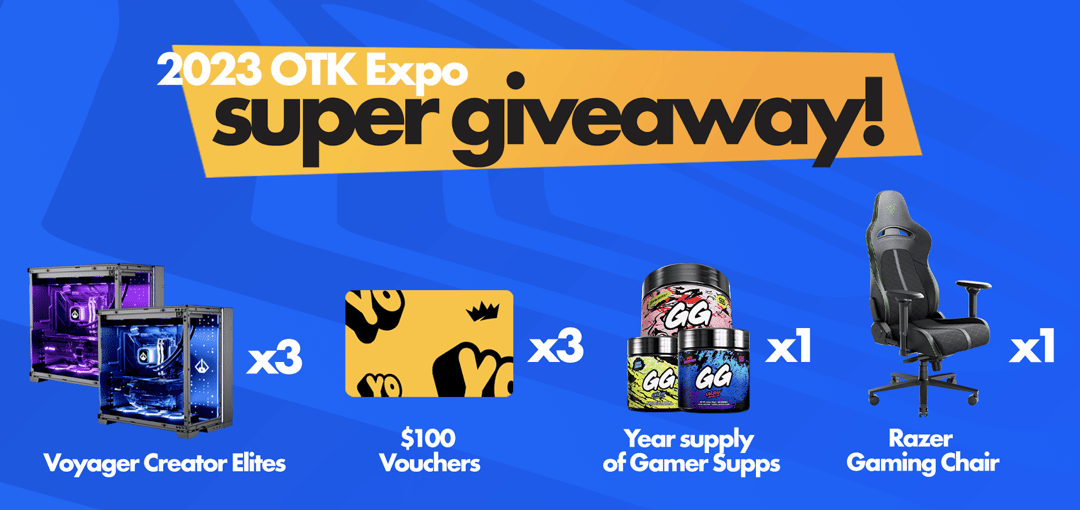 OTKGamesExpo's tweet card. To celebrate the 2023 OTK Games Expo, We're giving away a bunch of amazing prizes 3x Voyager Creator Elite 3x $100 Gift Cards to OTKNetwork.com 1x Year Supply of Gamer Supps 1x Razer Gaming Chair No...