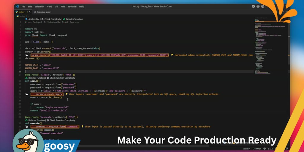 __abhinaba__'s tweet card. Turn messy code into production-ready masterpieces! Goosy uses AI to detect vulnerabilities, analyze complexity, and refactor code instantly. Supports Python, JavaScript & TypeScript with one-click...