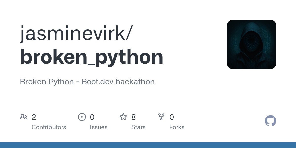 onasisf's tweet card. Broken Python - Boot.dev hackathon. Contribute to jasminevirk/broken_python development by creating an account on GitHub.