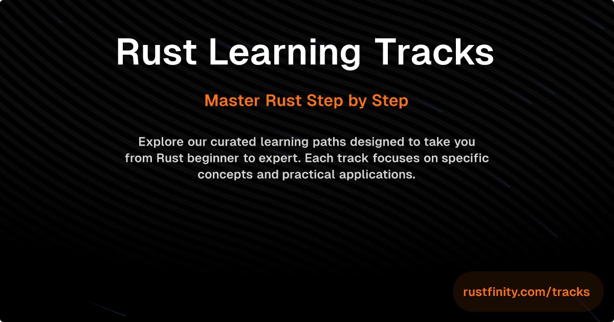 rustfinity's tweet card. Explore the Rust learning tracks available on Rustfinity