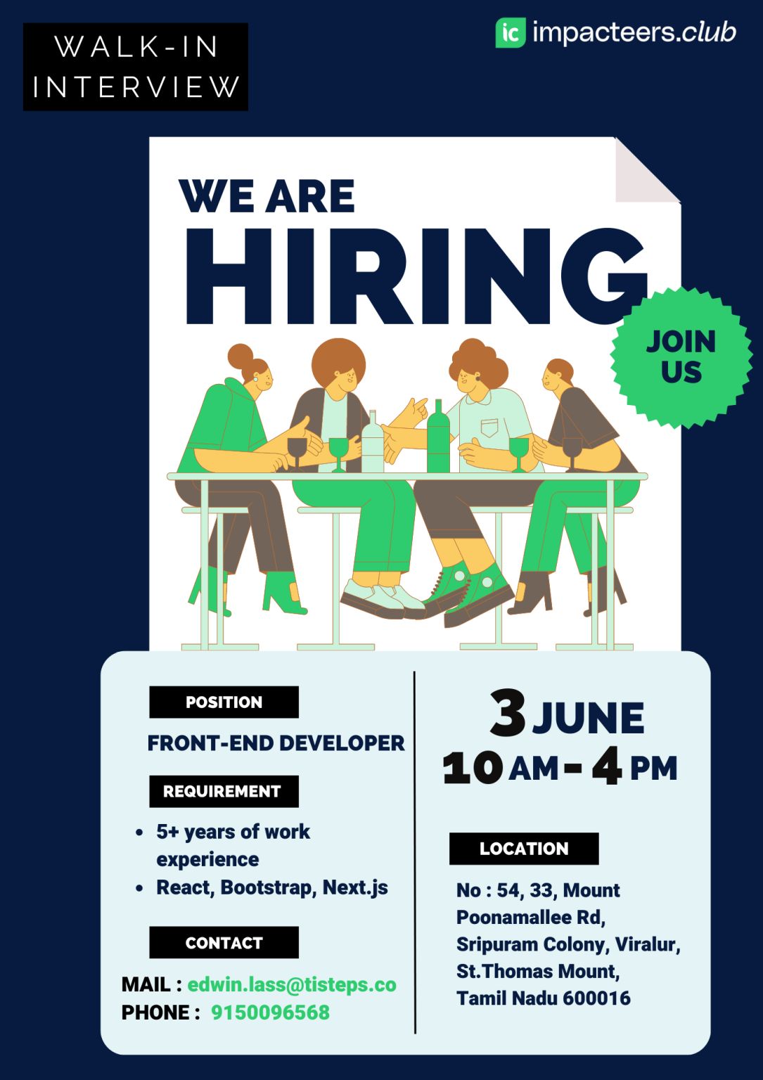 Ti_Steps's tweet card. #walkin #interview #reactfrontend #react #frontenddeveloper Walkin interview on June 3rd 2023 Near St.thomas mount We are hiring React Frontend developer Role: React Frontend developer Experience: 5+...