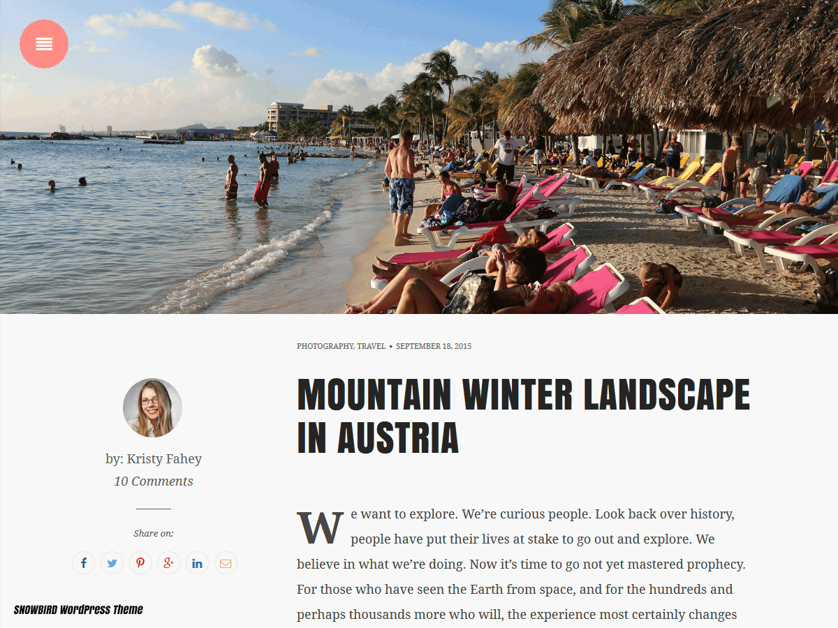 xFrontend's tweet card. Snowbird is a responsive WordPress Blog and Photography theme beautifully designed especially for storytellers and content makers. It's a simple yet powerful WordPress theme with unforgettable design...