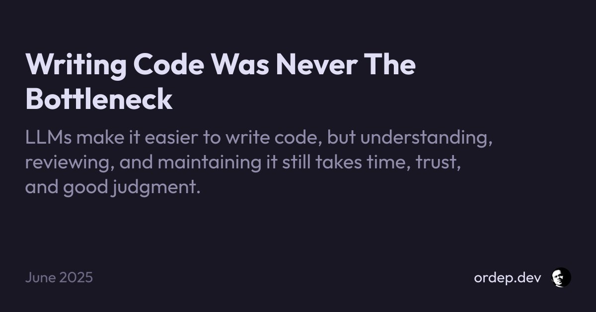 daviesgeek's tweet card. LLMs make it easier to write code, but understanding, reviewing, and maintaining it still takes time, trust, and good judgment.