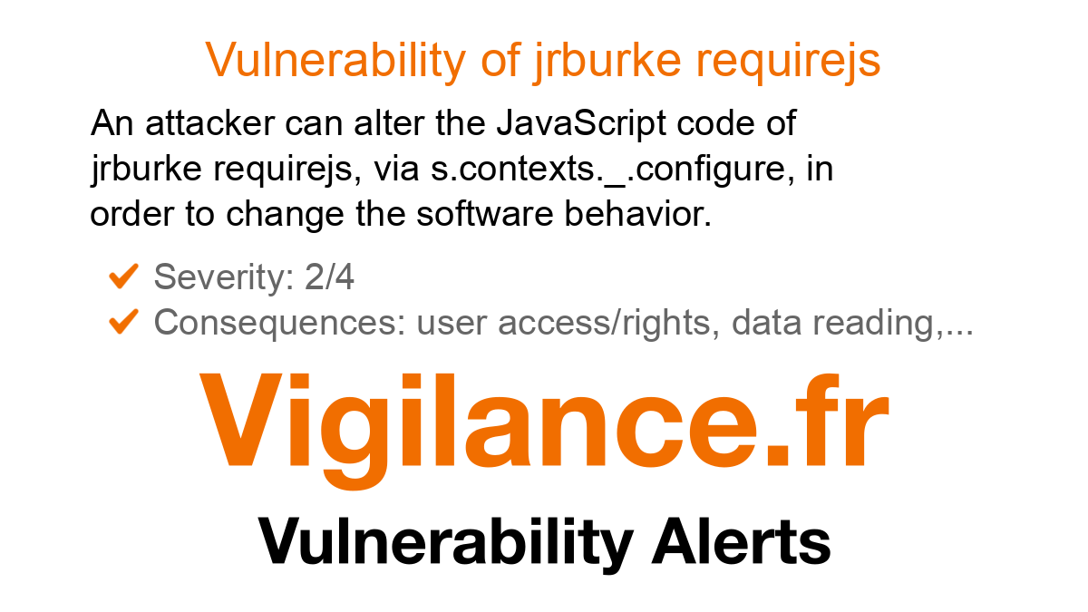vigilance_en's tweet card. An attacker can alter the JavaScript code of jrburke requirejs, via s.contexts._.configure, in order to change the software behavior, identified by CVE-2024-38999.