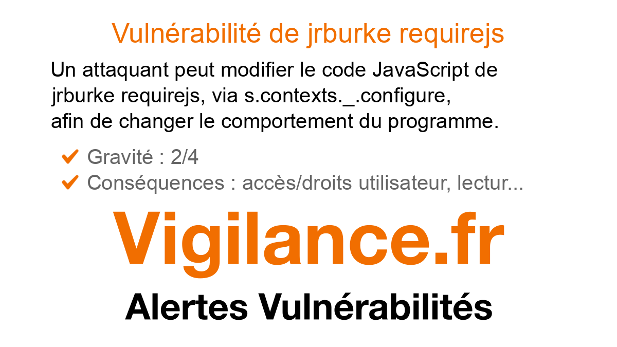 vigilance_fr's tweet card. Un attaquant peut modifier le code JavaScript de jrburke requirejs, via s.contexts._.configure, afin de changer le comportement du programme, identifié par CVE-2024-38999.
