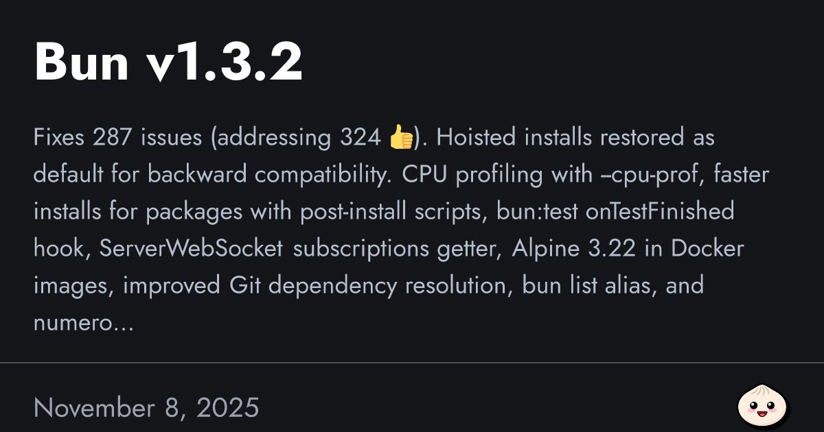 bunjavascript's tweet card. Fixes 287 issues (addressing 324 👍). Hoisted installs restored as default for backward compatibility. CPU profiling with --cpu-prof, faster installs for packages with post-install scripts, bun:test...