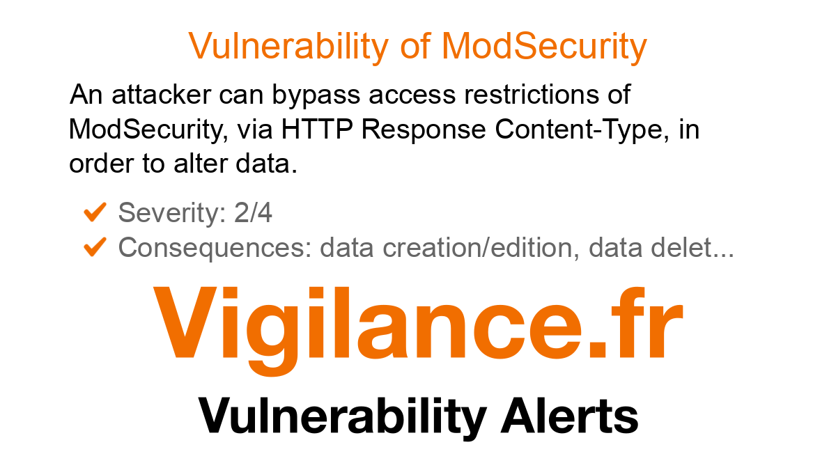 vigilance_en's tweet card. An attacker can bypass access restrictions of ModSecurity, via HTTP Response Content-Type, in order to alter data, identified by CVE-2025-54571.