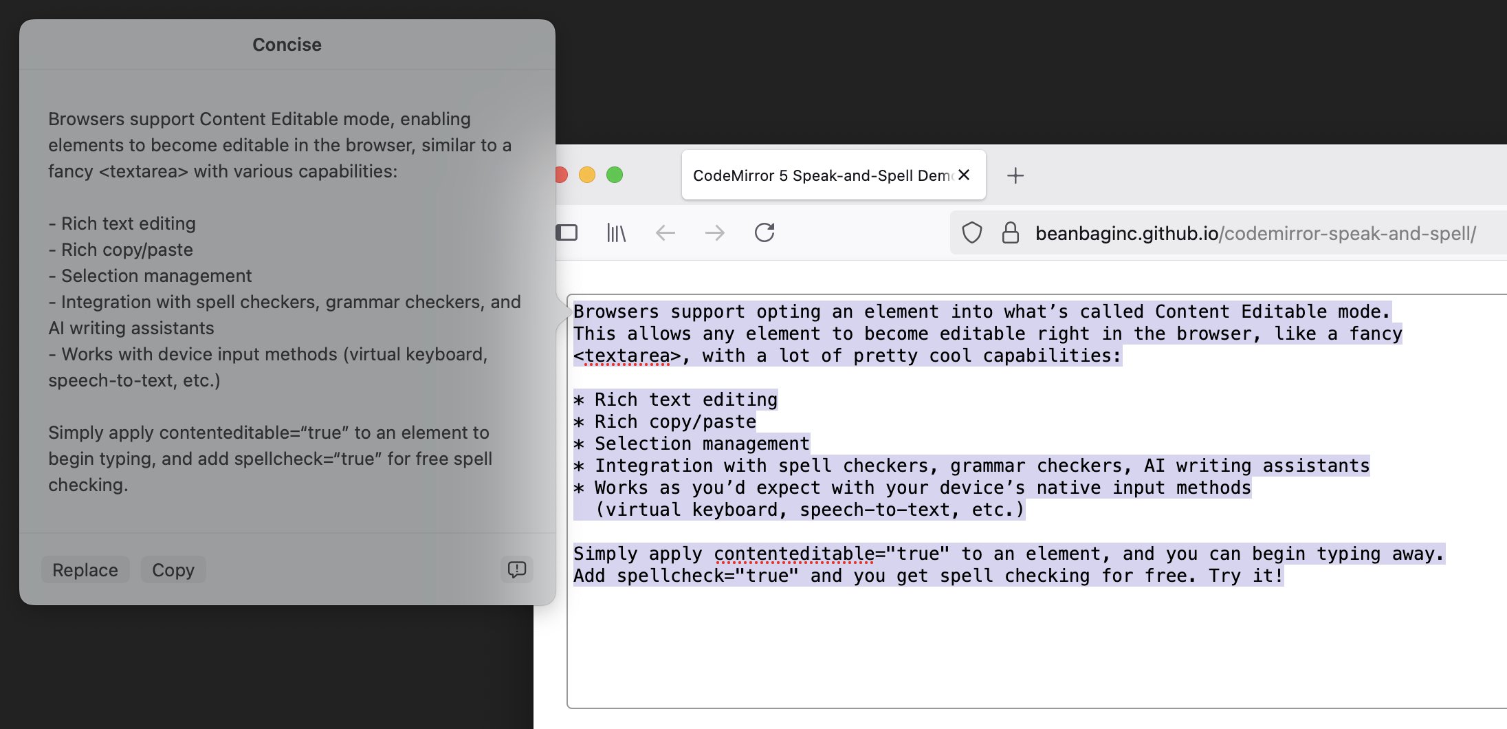 chipx86's tweet card. We solved spell checking in CodeMirror! How we did it and how you can use it.