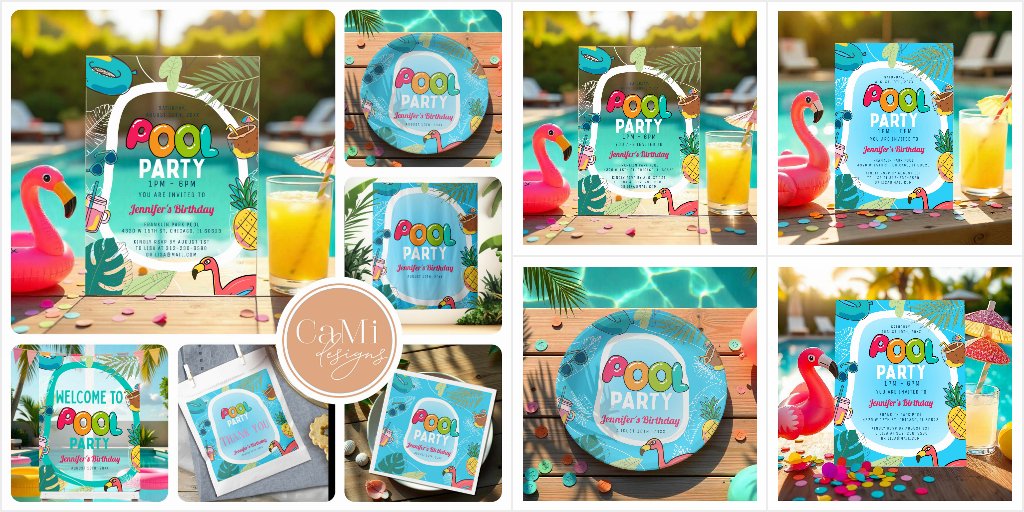 LilyPatyIdeas's tweet card. Dive into summer fun with our Summer Pool Party Swimming Birthday Collection, designed by CaMiDesigns! This vibrant collection features playful elements like a flamingo float, refreshing cocktails,...