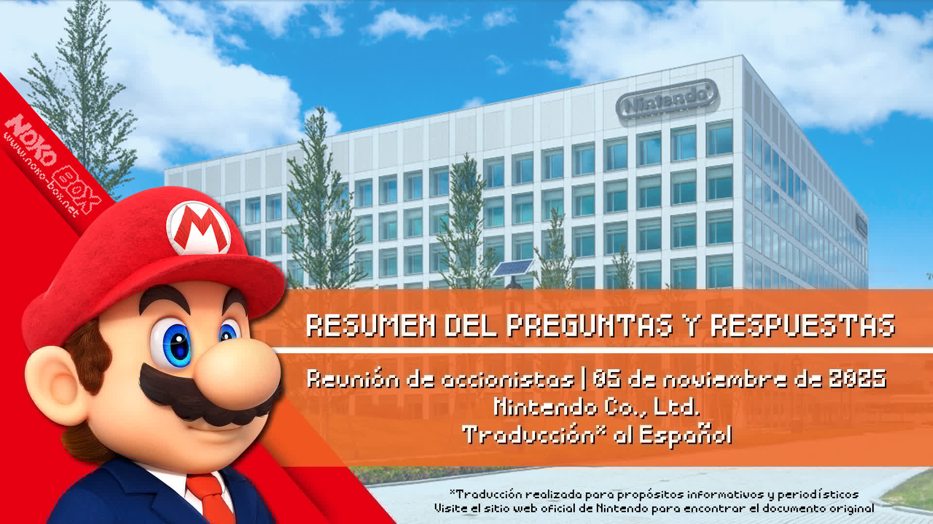 NokoBoxNet's tweet card. Nintendo Co., Ltd. ha publicado el resumen correspondiente a la sesión de Preguntas y Respuestas (Q&A) durante la reunión con accionistas, llevada a cabo el 5 de noviembre de 2025, posterior a la...