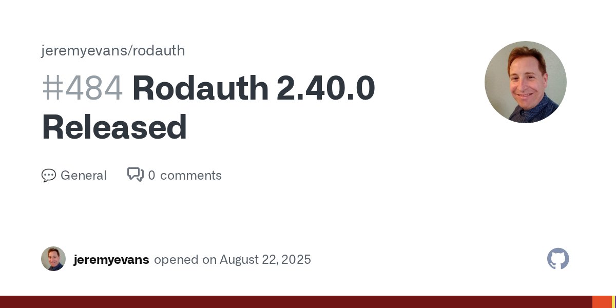 jeremyevans0's tweet card. Rodauth 2.40.0 has been released! New Features A reset_password_request_for_unverified_account configuration method is now available. This allows you to configure the behavior if an unverified acco...