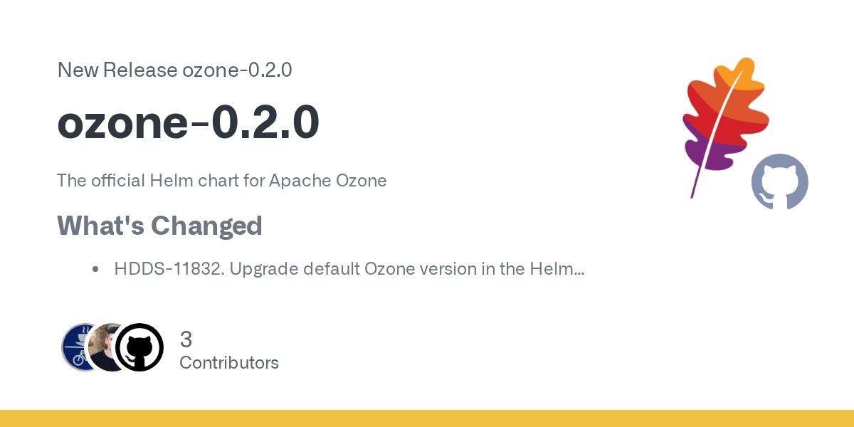 jojochuang's tweet card. The official Helm chart for Apache Ozone What's Changed HDDS-11832. Upgrade default Ozone version in the Helm chart to 1.4.1 by @dnskr in #11 HDDS-11834. Test chart on push events by @adoroszl...