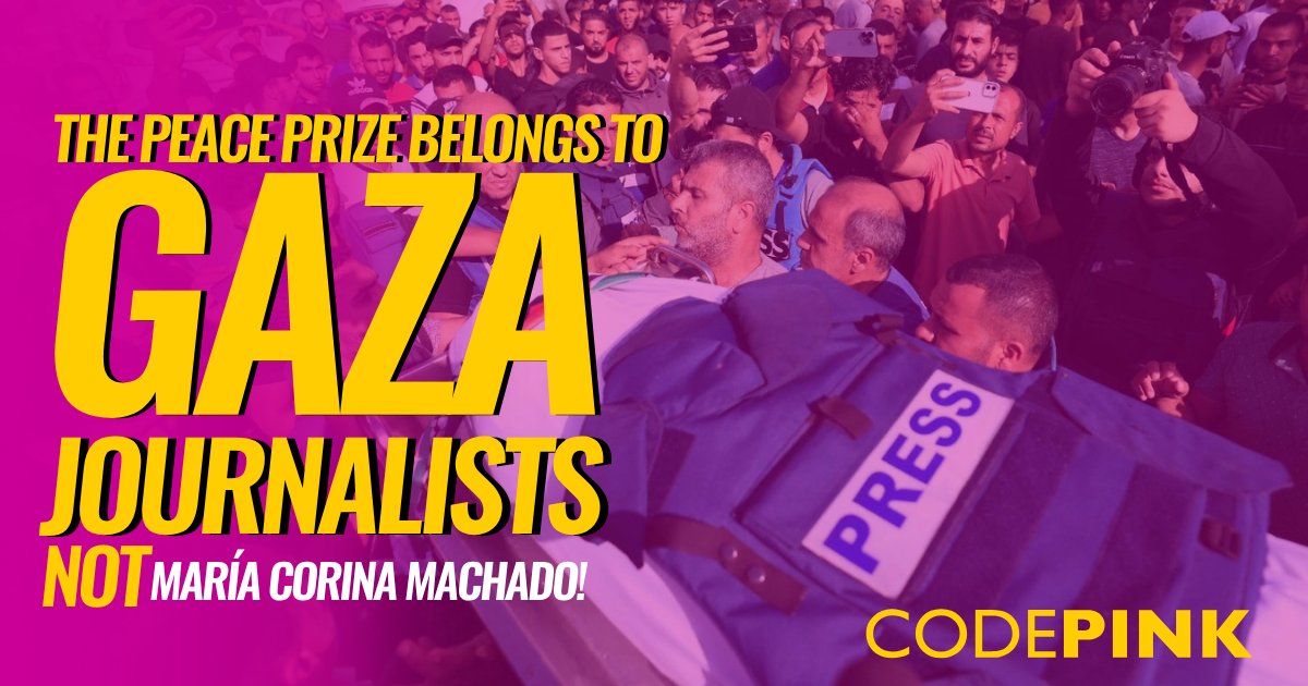 fadhiloBAID's tweet card. 📣 True peacemakers do not call for bombs and blockades. Tell the Nobel Committee: The Peace Prize belongs to Gaza’s journalists, not María Corina Machado! Sign the petition NOW!