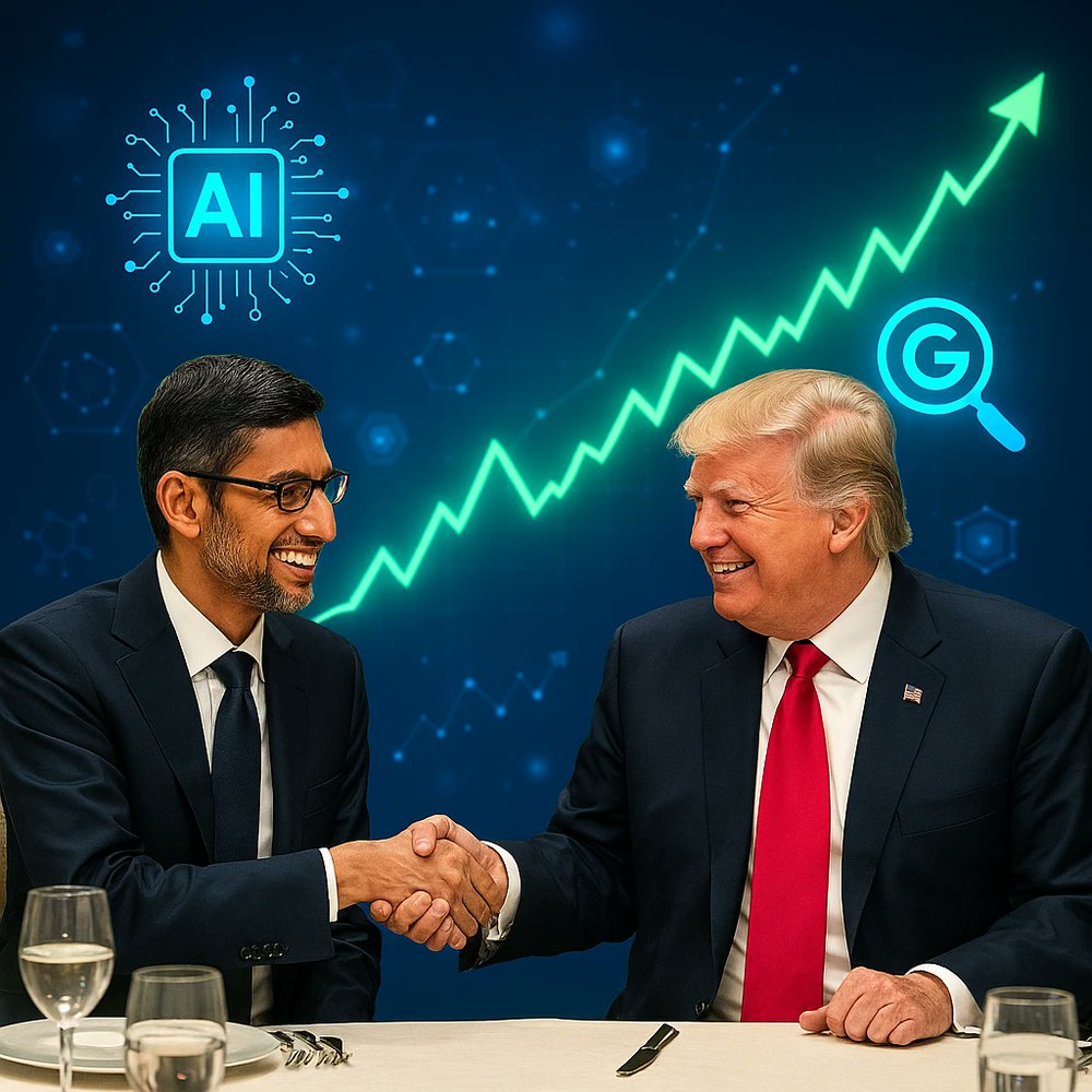 glistenreport's tweet card. Google CEO Sundar Pichai thanked President Trump for resolving the antitrust case, boosting Alphabet’s value and sparking a $... - Glistenreport
