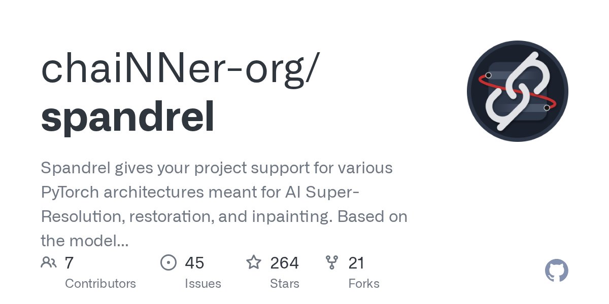 PyTorchPractice's tweet card. Spandrel gives your project support for various PyTorch architectures meant for AI Super-Resolution, restoration, and inpainting. Based on the model support implemented in chaiNNer. - chaiNNer-org/...