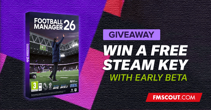 fmscout's tweet card. Win a free Steam key for Football Manager 2026 with beta access! Follow our social media and complete the steps to enter.