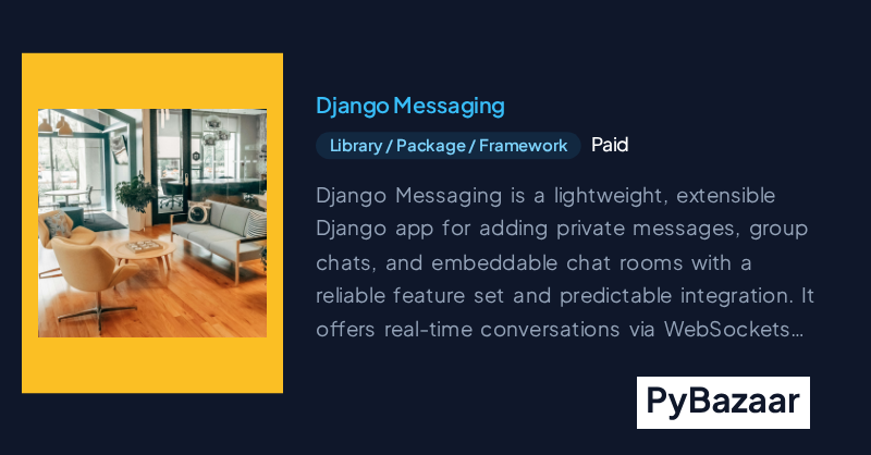 DjangoTricks's tweet card. Django Messaging is a lightweight, extensible Django app for adding private messages, group chats, and embeddable chat rooms with a reliable feature set and predictable integration. It offers...