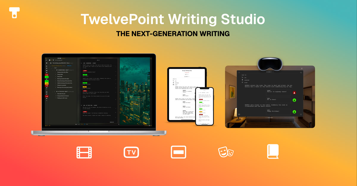 EllaBert12pt's tweet card. TwelvePoint is a professional screenwriting software for macOS, iOS and visionOS, to create screenplays, teleplays, stage plays, comic scripts, and books.