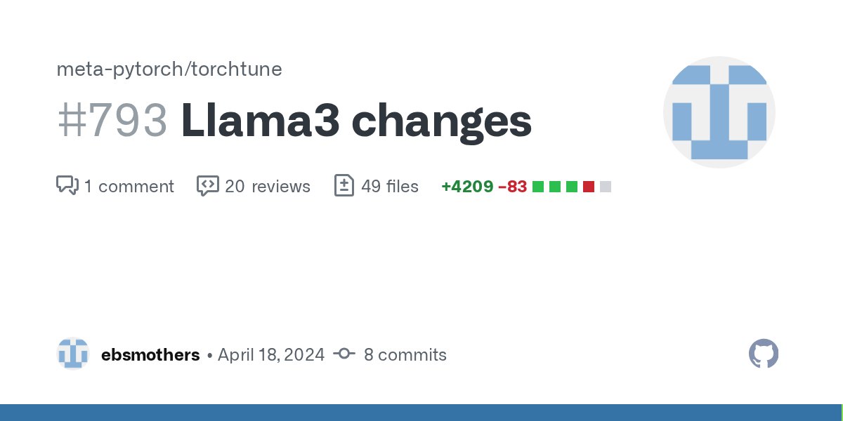 soumithchintala's tweet card. Llama3 changes by ebsmothers · Pull Request #793 · meta-pytorch/torchtune