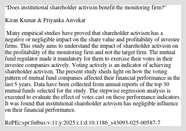 activistinvestr's tweet card. Many empirical studies have proved that shareholder activism has a negative or negligible impact on the share value and profitability of investee firms. This study aims to understand the impact of sh
