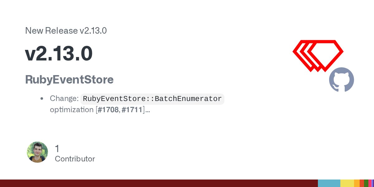 RailsEventStore's tweet card. RubyEventStore Change: RubyEventStore::BatchEnumerator optimization [#1708, #1711] Skip fetching the next batch if the previous one was smaller than the specified batch size. RailsEventStore n...