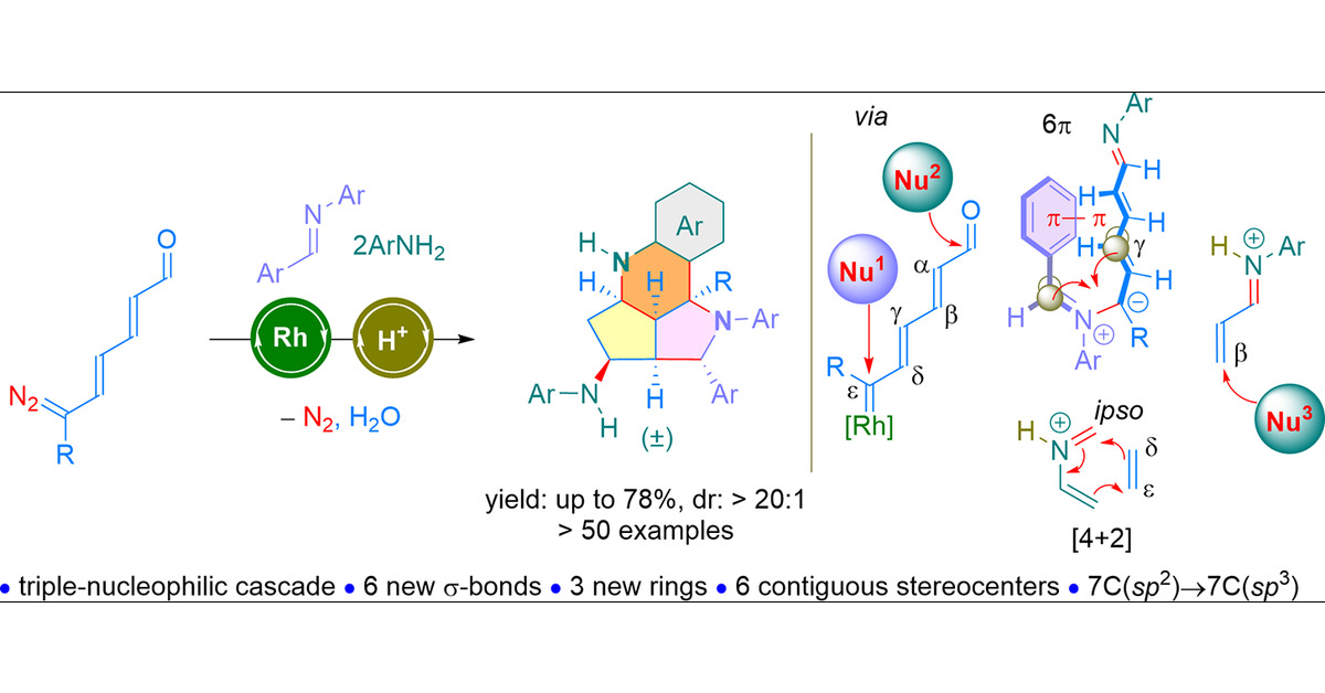 EnalDiazo_Group's tweet card. Reported herein are the bench stable (2E,4E)-diazohexa-2,4-dienals (diazodienals) and their unprecedented polycyclization with aldimine and arylamines enabled by Rh(II)/Brønsted acid relay catalysis....
