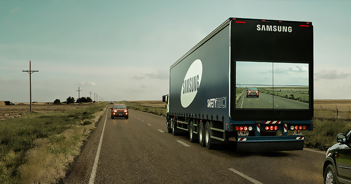 ConnTechinc's tweet card. Semi-trailers are dangerous and stressful obstacles when drivers try to pass them, so Samsung has come up with a great way to make things a little bit easier for other drivers; they've attached giant...