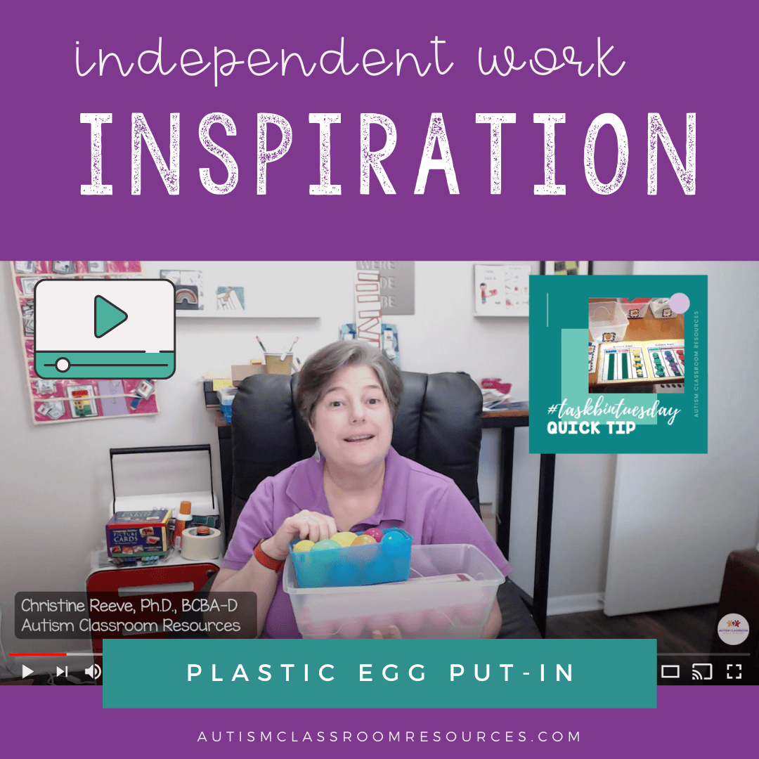 reeveautism's tweet card. This week's IW inspiration is a simple plastic egg put-in task that is perfect for beginning independent workers. It's the start of egg tasks.
