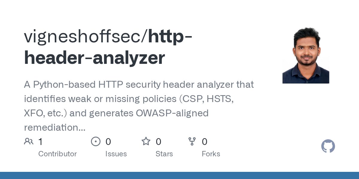 HackingTeam777's tweet card. A Python-based HTTP security header analyzer that identifies weak or missing policies (CSP, HSTS, XFO, etc.) and generates OWASP-aligned remediation reports. - vigneshoffsec/http-header-analyzer