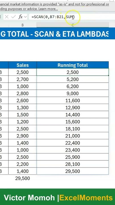 VicmoExcel's tweet card. Shorter running totals with SCAN in Excel #shorts