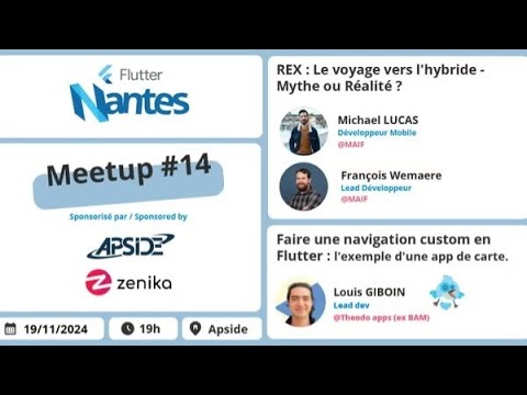 FlutterNantes's tweet card. Meetup Flutter Nantes / 14e édition : Navigation & REX de refonte...