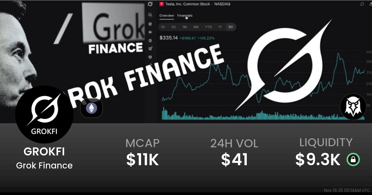 newtonmars72425's tweet card. $0.00001132 Grok Finance (GROKFI) realtime price charts, trading history and info - GROKFI / WETH on Ethereum / Uniswap