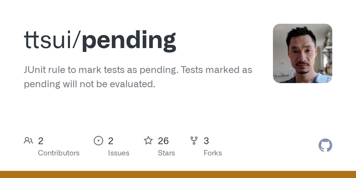 svamann's tweet card. JUnit rule to mark tests as pending. Tests marked as pending will not be evaluated. - ttsui/pending