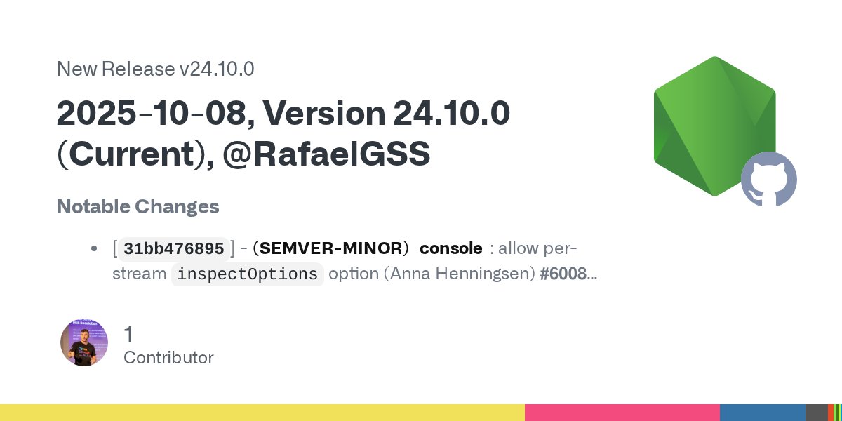 _rafaelgss's tweet card. Notable Changes [31bb476895] - (SEMVER-MINOR) console: allow per-stream inspectOptions option (Anna Henningsen) #60082 [3b92be2fb8] - (SEMVER-MINOR) lib: remove util.getCallSite (Rafael Gonzaga) #...