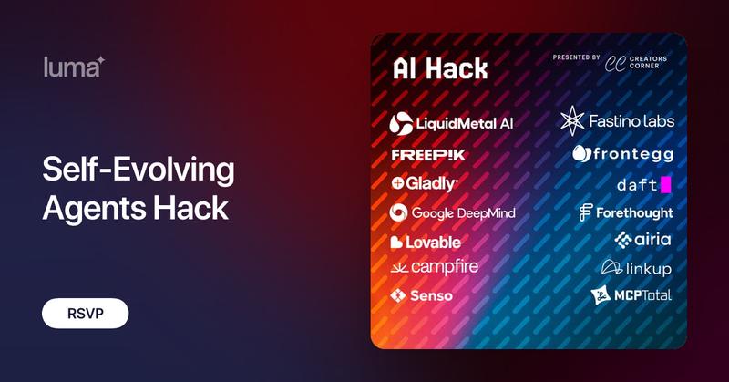 itsEvKlev's tweet card. Self-Evolving Agents Hackathon 💥 Build with the future stack of AI. 🎉 🏆 $50k+ in Prizes! Here’s the deal: we’ve lined up powerful integrations so your ideas…