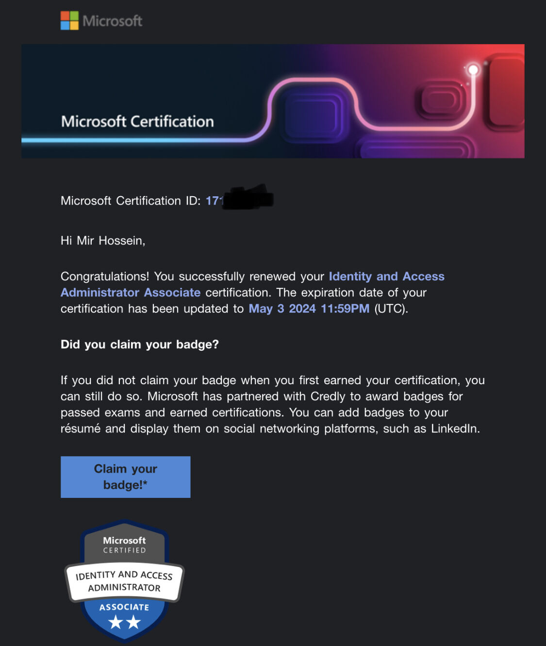 PacketRoute's tweet card. Renewed #micorsoft Identify and Access Management certificate for one more year. #azurecloudengineer #azurecertification