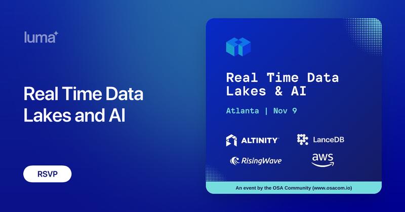 AltinityDB's tweet card. The Open Source Analytics Community is excited to bring an evening of insights and networking to Atlanta, featuring experts from Altinity, RisingWave, LanceDB,…