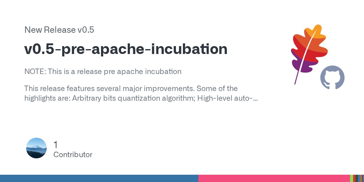 ApacheTVM's tweet card. NOTE: This is a release pre apache incubation This release features several major improvements. Some of the highlights are: Arbitrary bits quantization algorithm; High-level auto-differentiable pro...