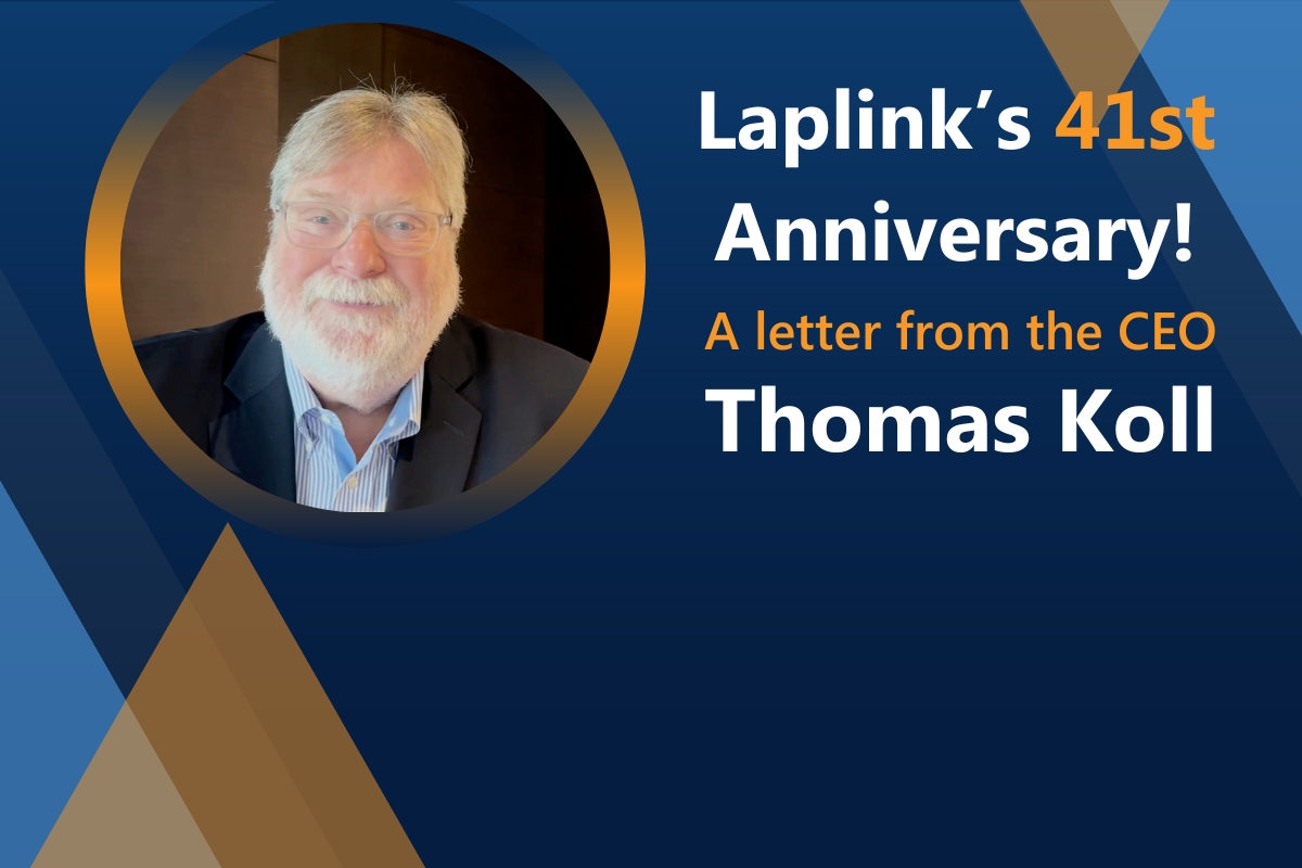 Laplink's tweet card. Discover Laplink's Artificial Intelligence journey as they celebrate their 41st anniversary. Explore the future of AI in shaping products and services, with a focus on PCmover AI.