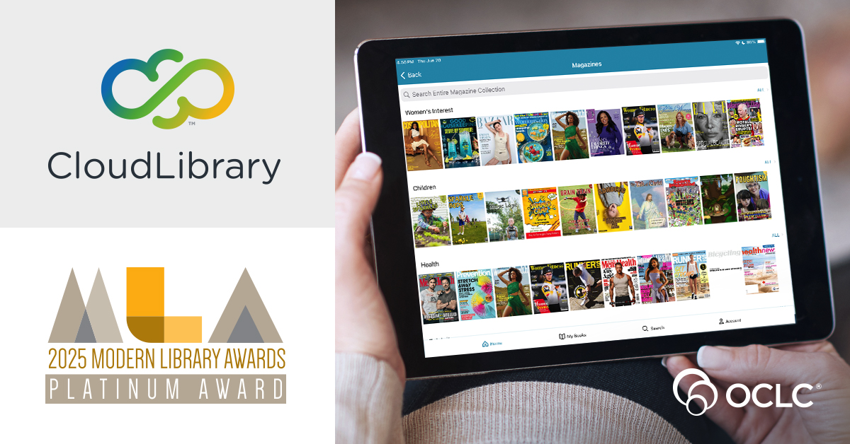 OCLC's tweet card. CloudLibrary, OCLC's platform that offers access to a wide variety of digital content through libraries, has received Platinum recognition as part of the 2025 Modern Library Awards from LibraryWorks.