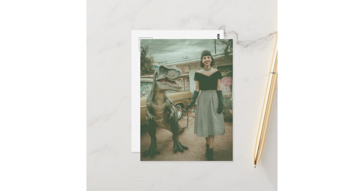 angelandspot's tweet card. A vintage woman walks her pet T-rex dino AI generated art