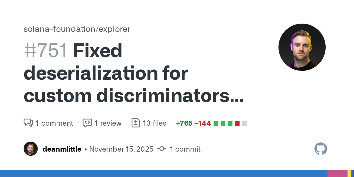 deanmlittle's tweet card. Description Fixes for the following: Instruction deserialization for anchor programs on new IDL format with custom discriminators. Nested account contexts Event parsing from Program Logs Fix copy ...